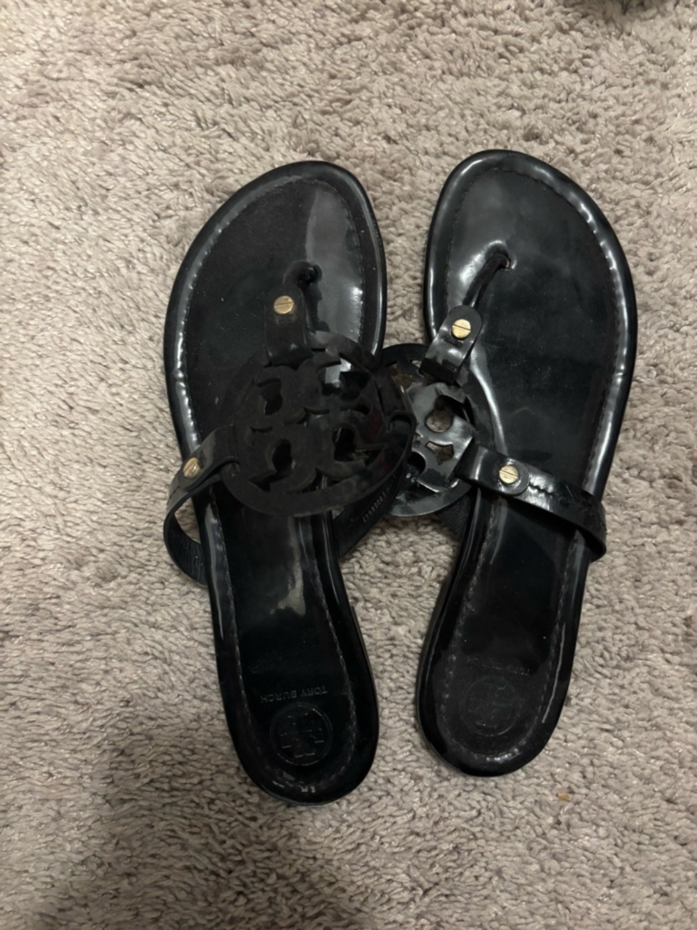 Tory Burch Black Gloss Miller Logo Thong Sandals